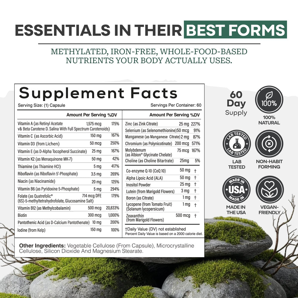 Bottle on kitchen counter signaling simple daily routine with Wild Foods multivitamin