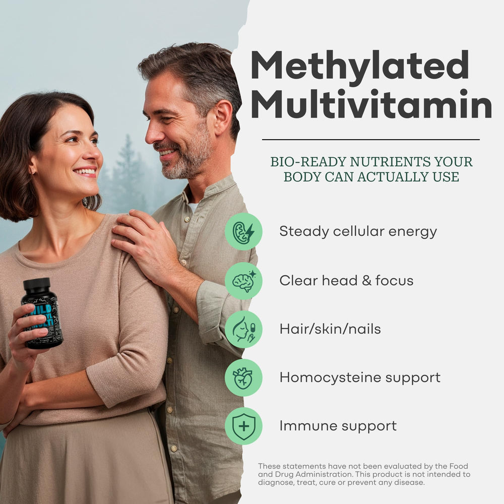 Wild Foods methylated multivitamin label showing no iron