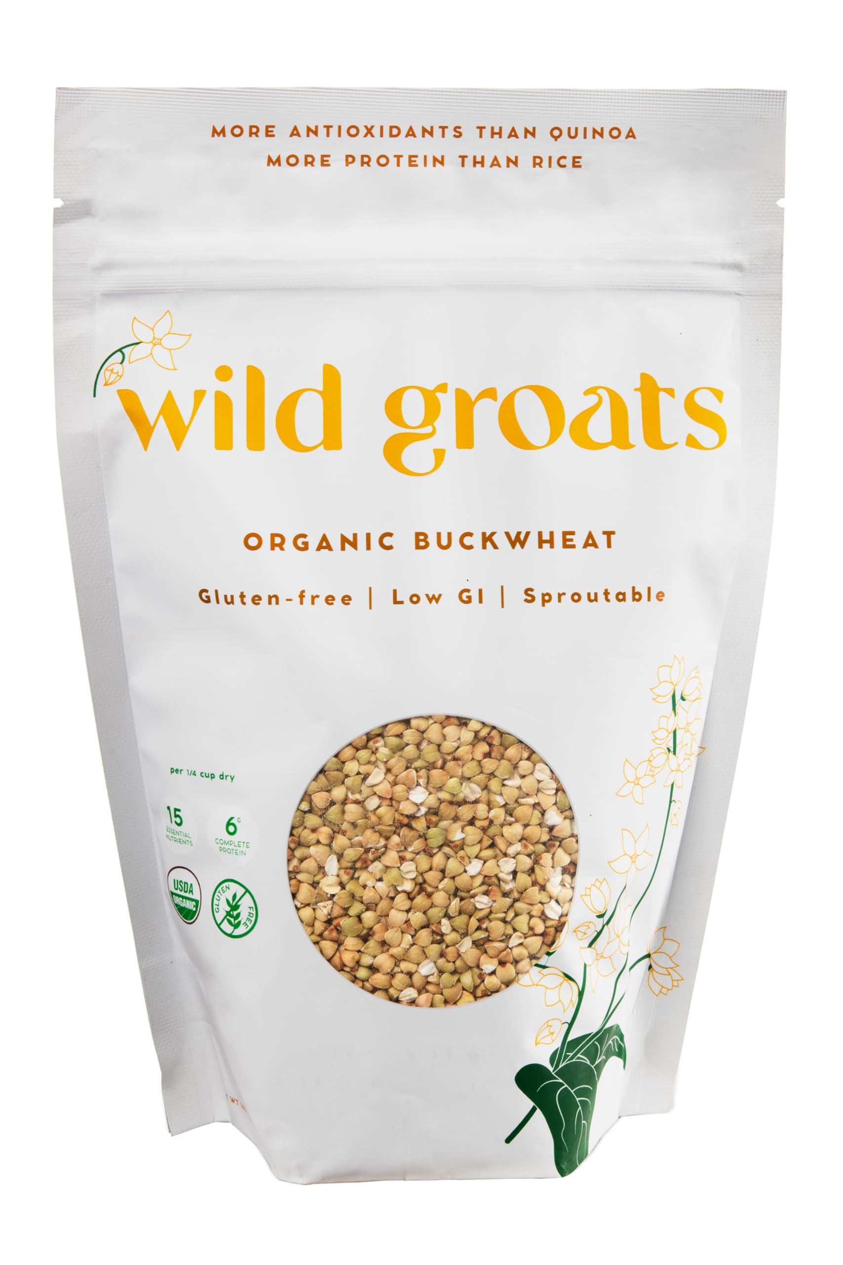 Wild Groats buckwheat raw in a resealable bag, ideal for sprouting