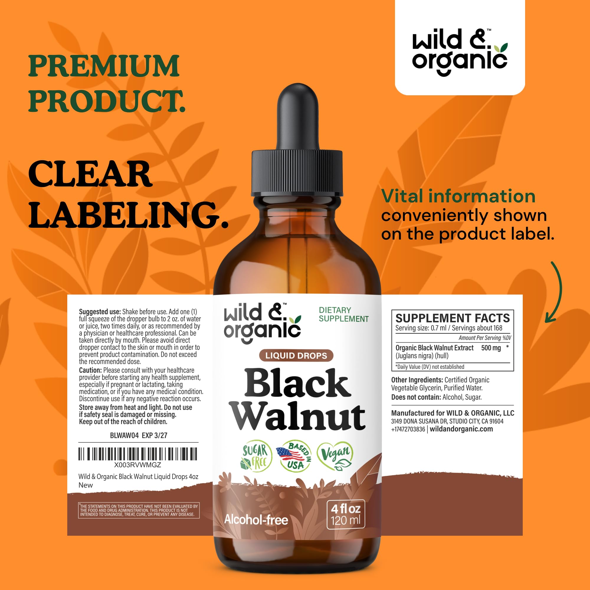 Wild & Organic Black Walnut Tincture on shelf highlighting 84-day supply.