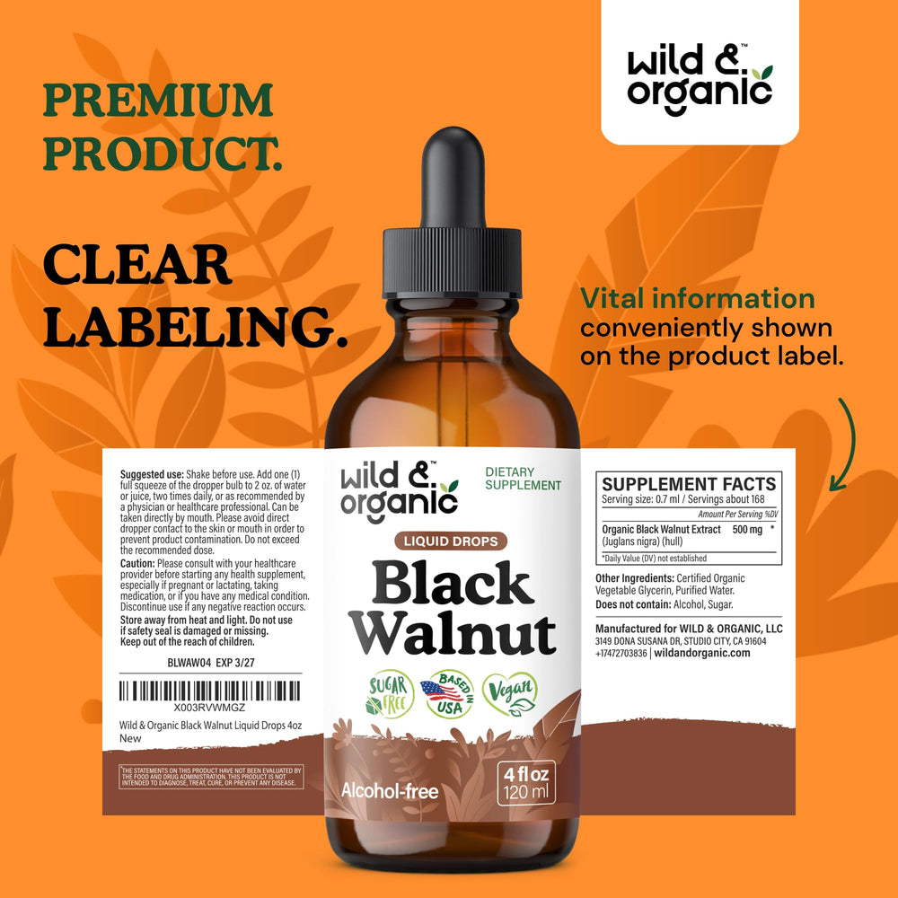 Wild & Organic Black Walnut Tincture on shelf highlighting 84-day supply.