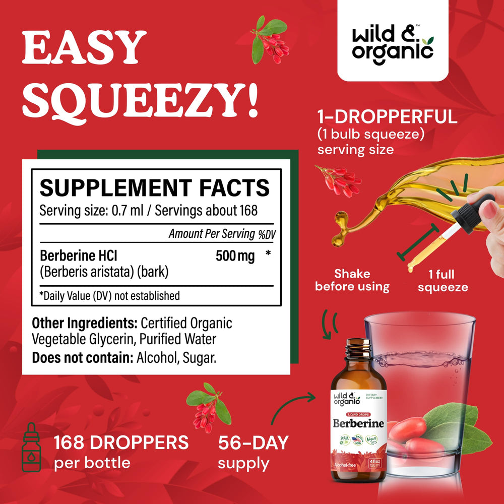 Amber liquid in Wild & Organic Berberine Drops bottle.