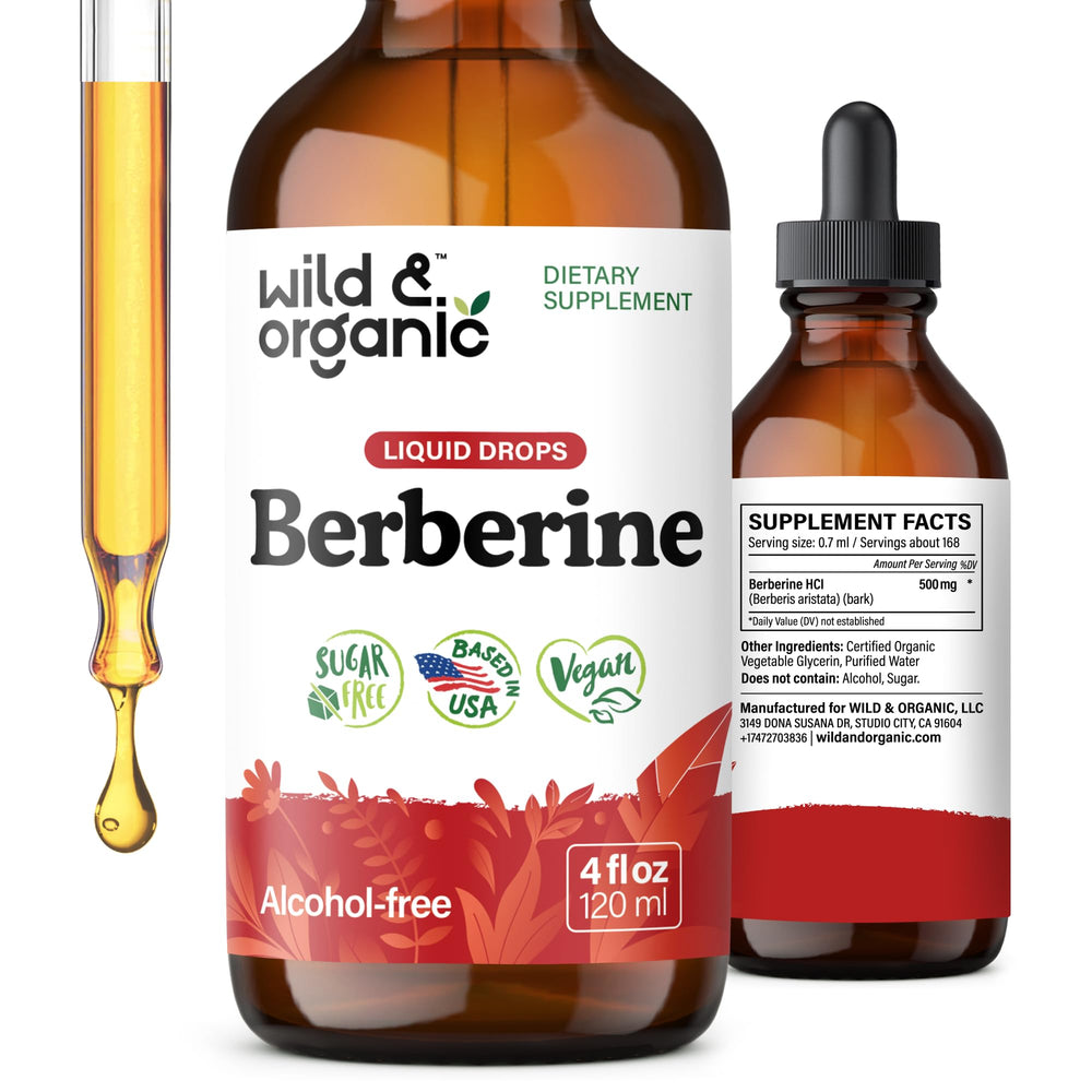 Wild & Organic Berberine Drops bottle front for antioxidant support.
