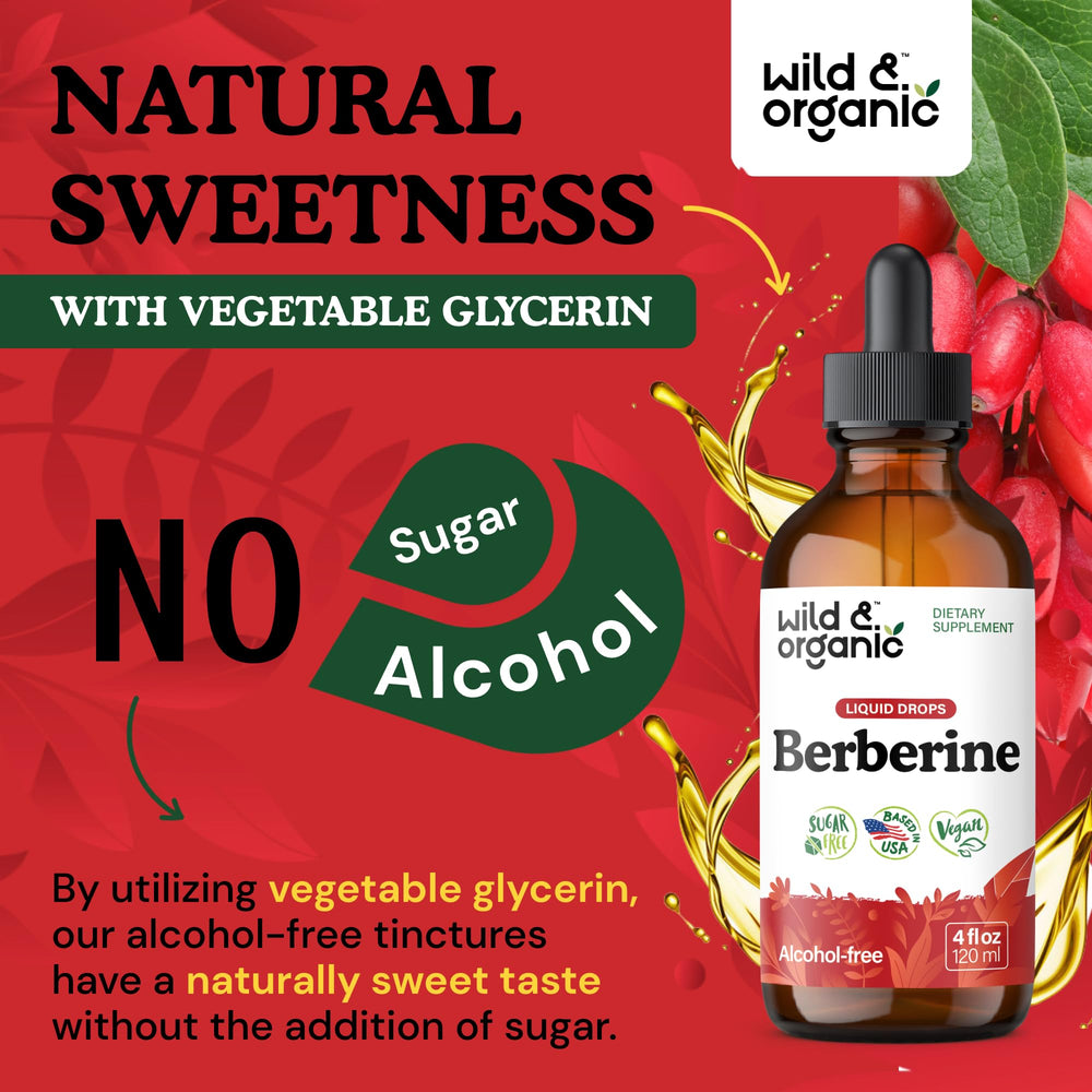 Wild & Organic Berberine Drops bottle displayed on shelf.