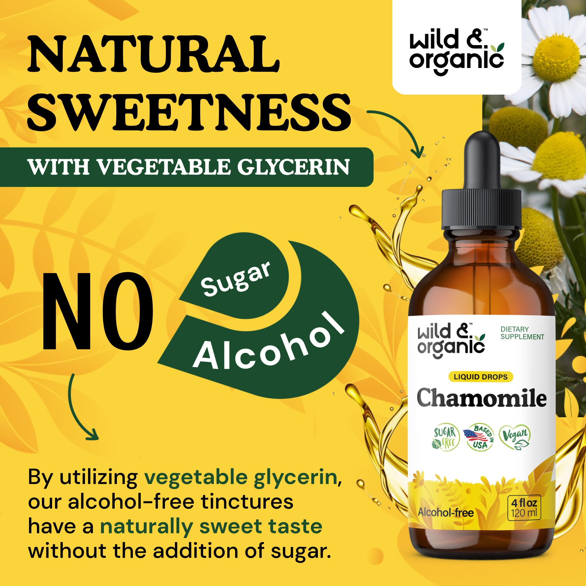 Wild & Organic Chamomile Drops 4 oz bottle on a kitchen counter
