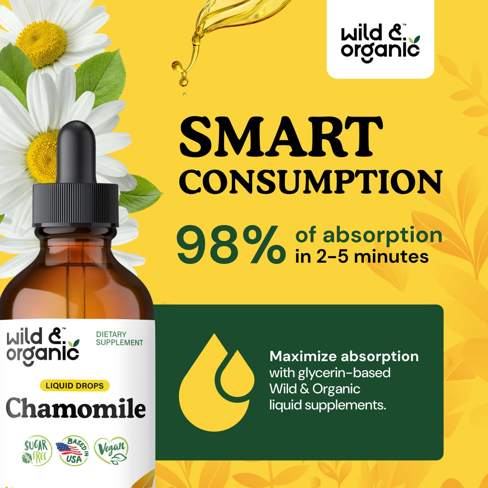 Wild & Organic Chamomile Drops alcohol-free glycerin tincture in a glass