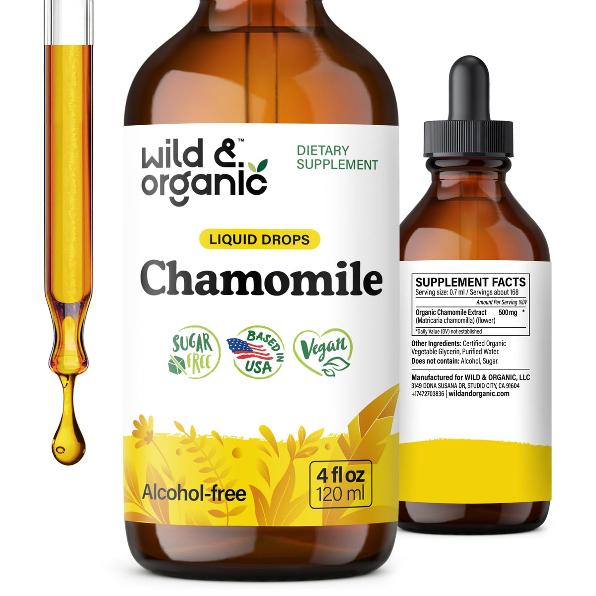 Wild & Organic Chamomile Drops bottle with dropper for tea rituals and relaxation