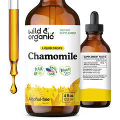 Wild & Organic Chamomile Drops bottle with dropper for tea rituals and relaxation
