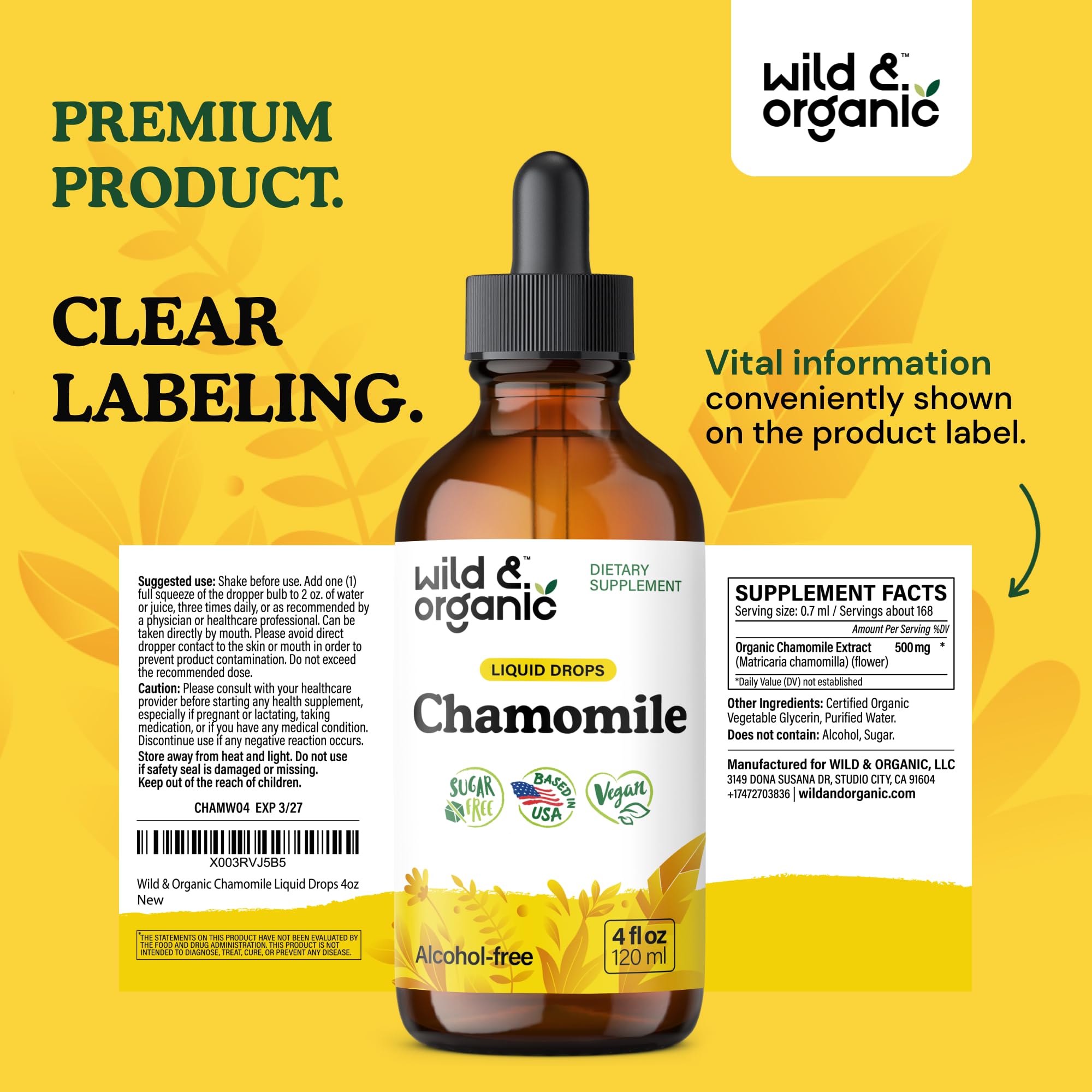 Wild & Organic Chamomile Drops on a cozy kitchen setup for tea time