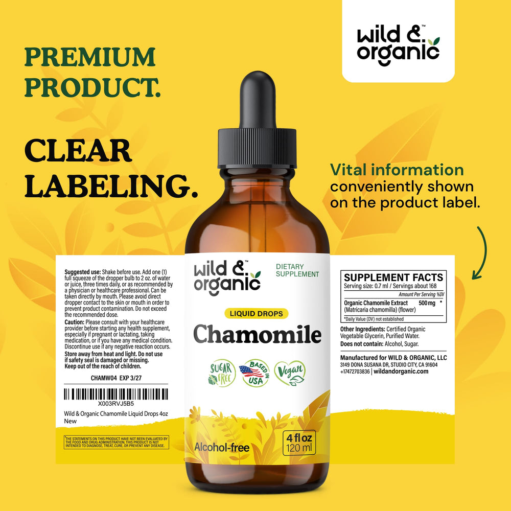 Wild & Organic Chamomile Drops on a cozy kitchen setup for tea time