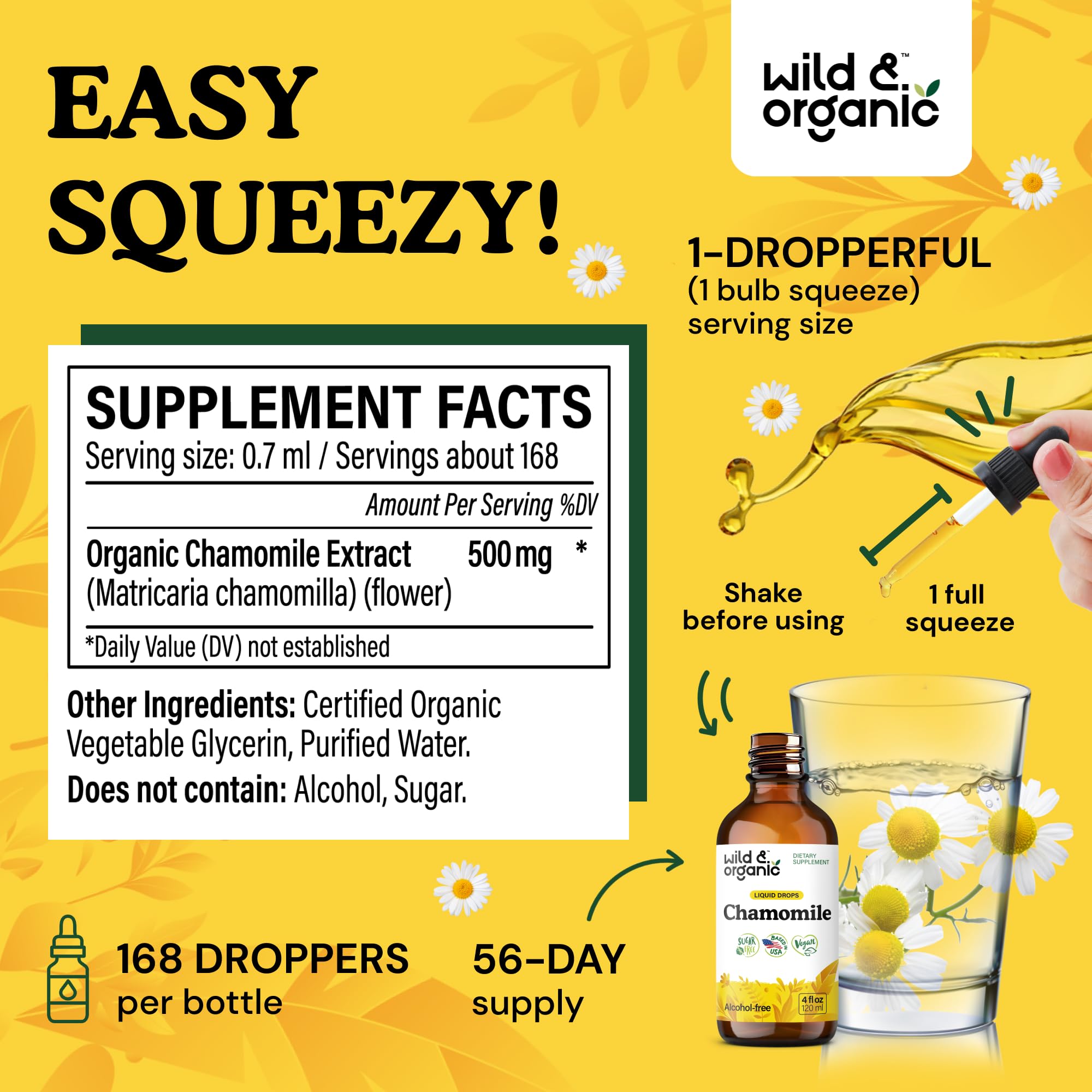 Wild & Organic Chamomile Drops label close-up highlighting vegan and GMO-free formula