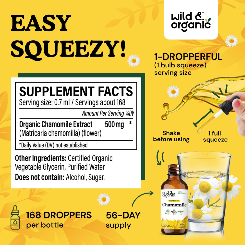 Wild & Organic Chamomile Drops label close-up highlighting vegan and GMO-free formula