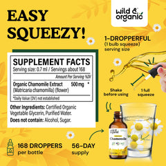 Wild & Organic Chamomile Drops label close-up highlighting vegan and GMO-free formula