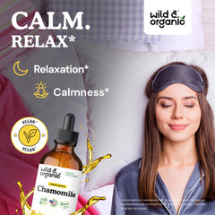 Wild & Organic Chamomile Drops being added to hot tea for calming moments