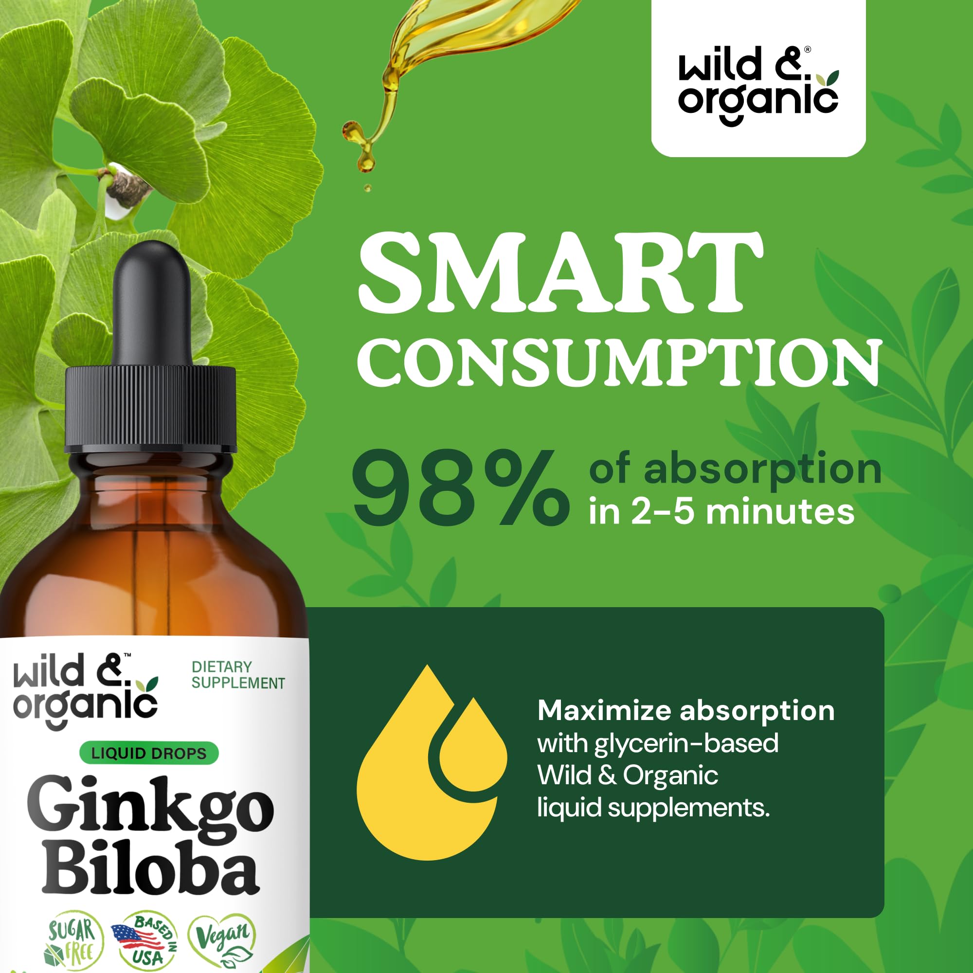 Amber-tinted bottle of Wild & Organic Ginkgo Biloba Drops suggests glycerin-based tincture