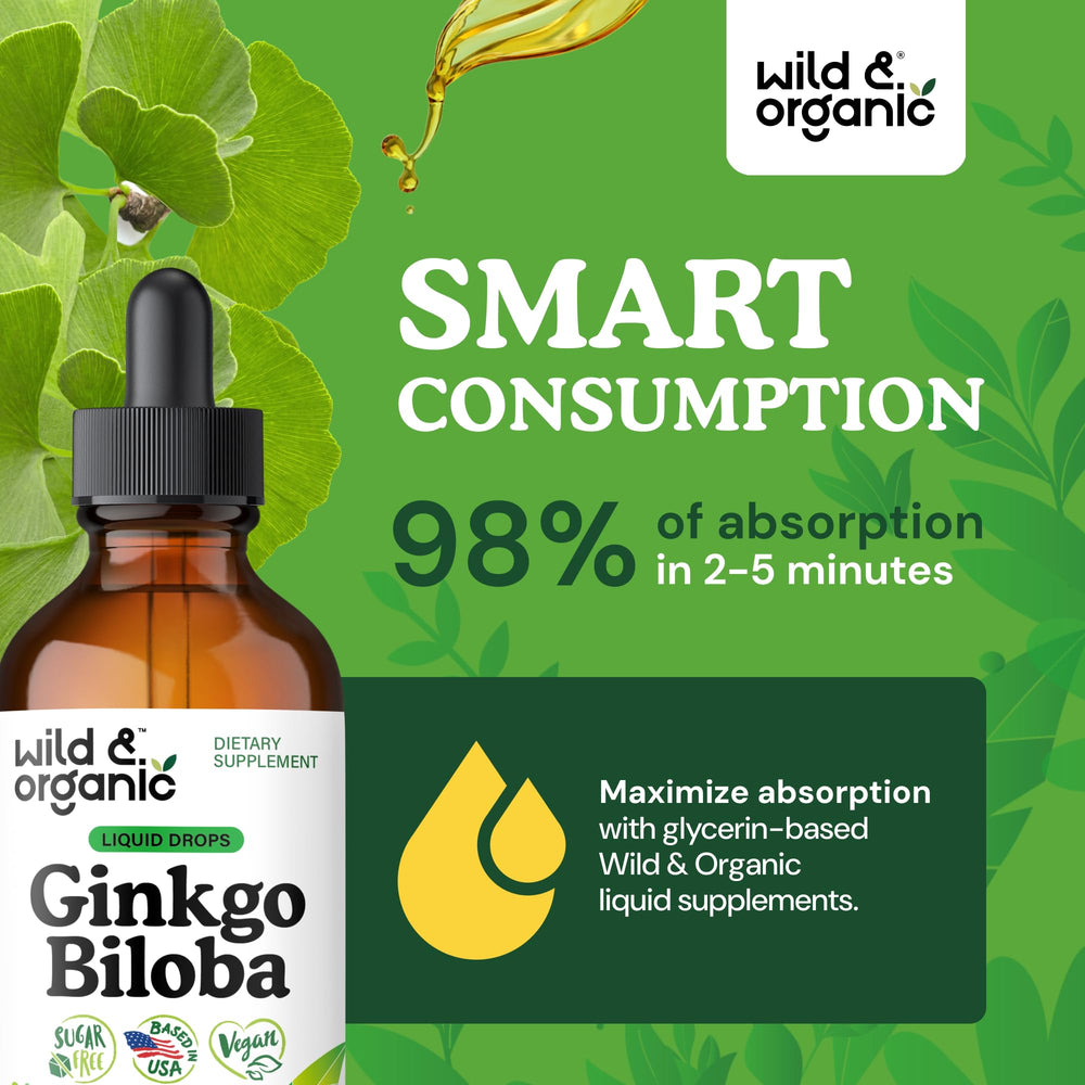 Amber-tinted bottle of Wild & Organic Ginkgo Biloba Drops suggests glycerin-based tincture