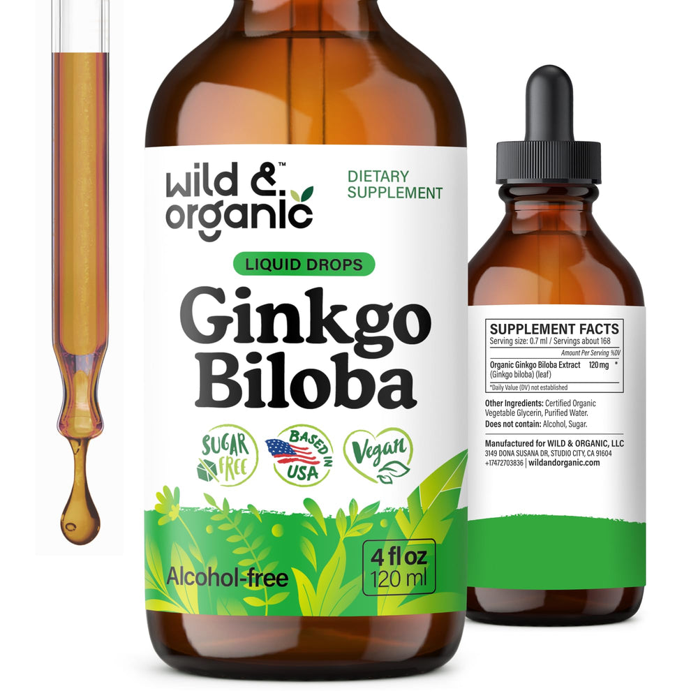 Wild & Organic Ginkgo Biloba Drops bottle showing an alcohol-free tincture for focus support