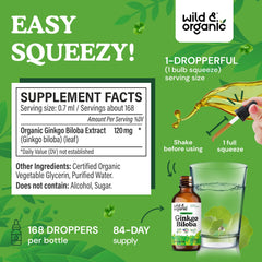 Label highlighting 84-day supply and sugar-free formula of Wild & Organic drops