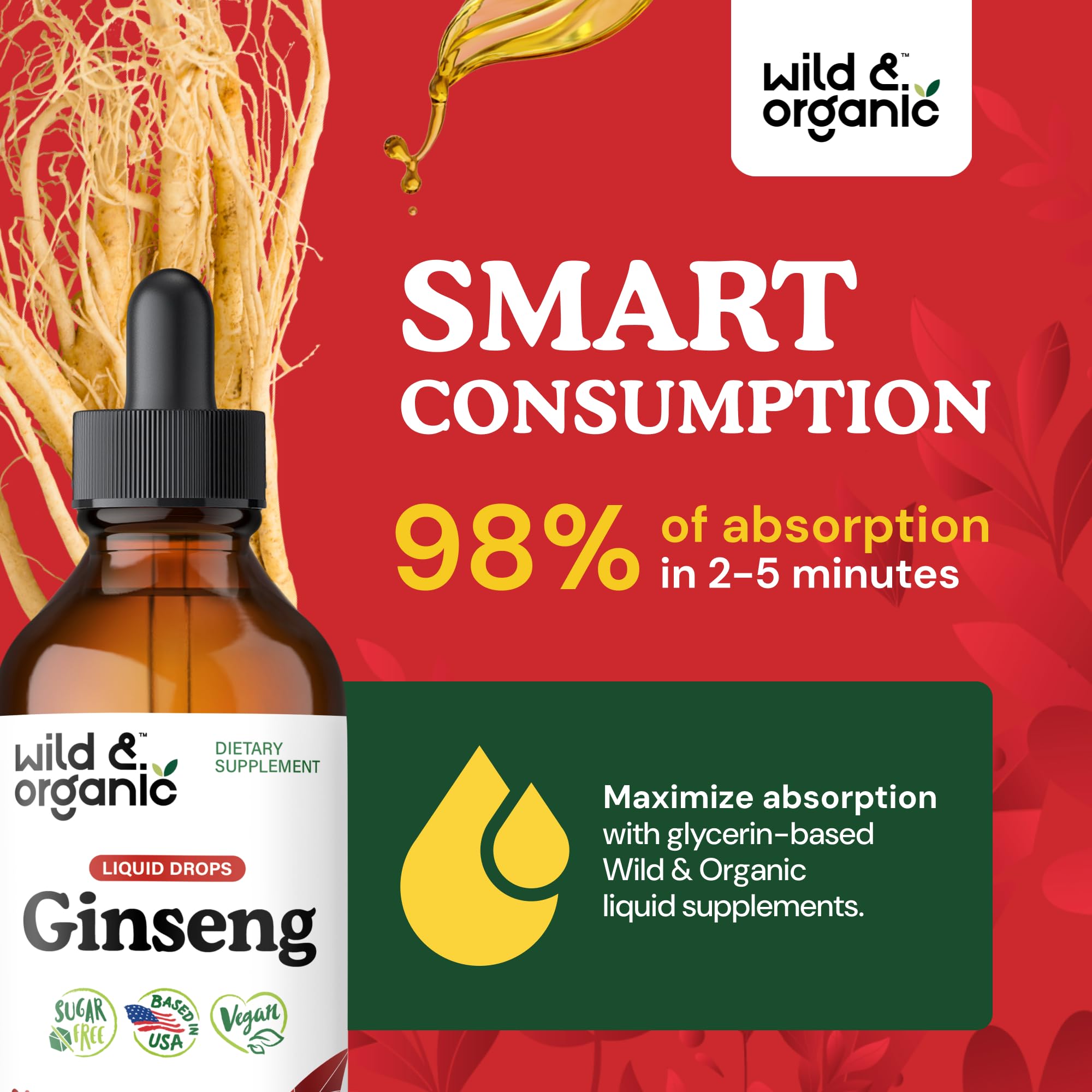 Wild & Organic Panax Ginseng drops close-up on the bottle label