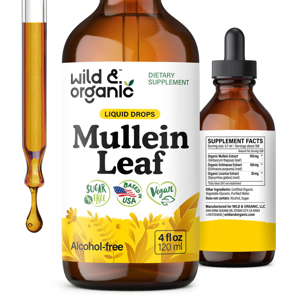 Wild & Organic Mullein Drops bottle on counter showing natural lung support