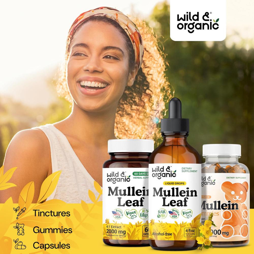 Wild & Organic Mullein Drops packaging with mullein and echinacea imagery