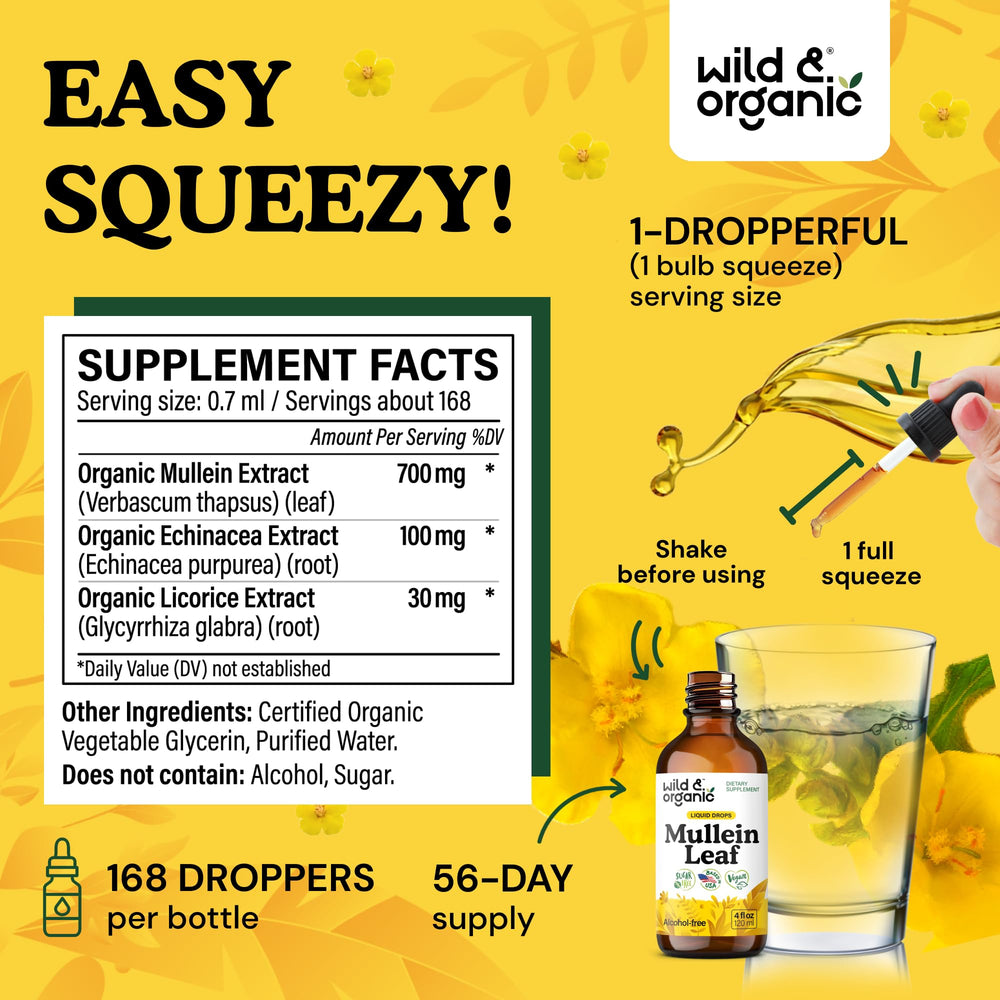 Close-up of Wild & Organic Mullein Drops label highlighting vegan, alcohol-free formula