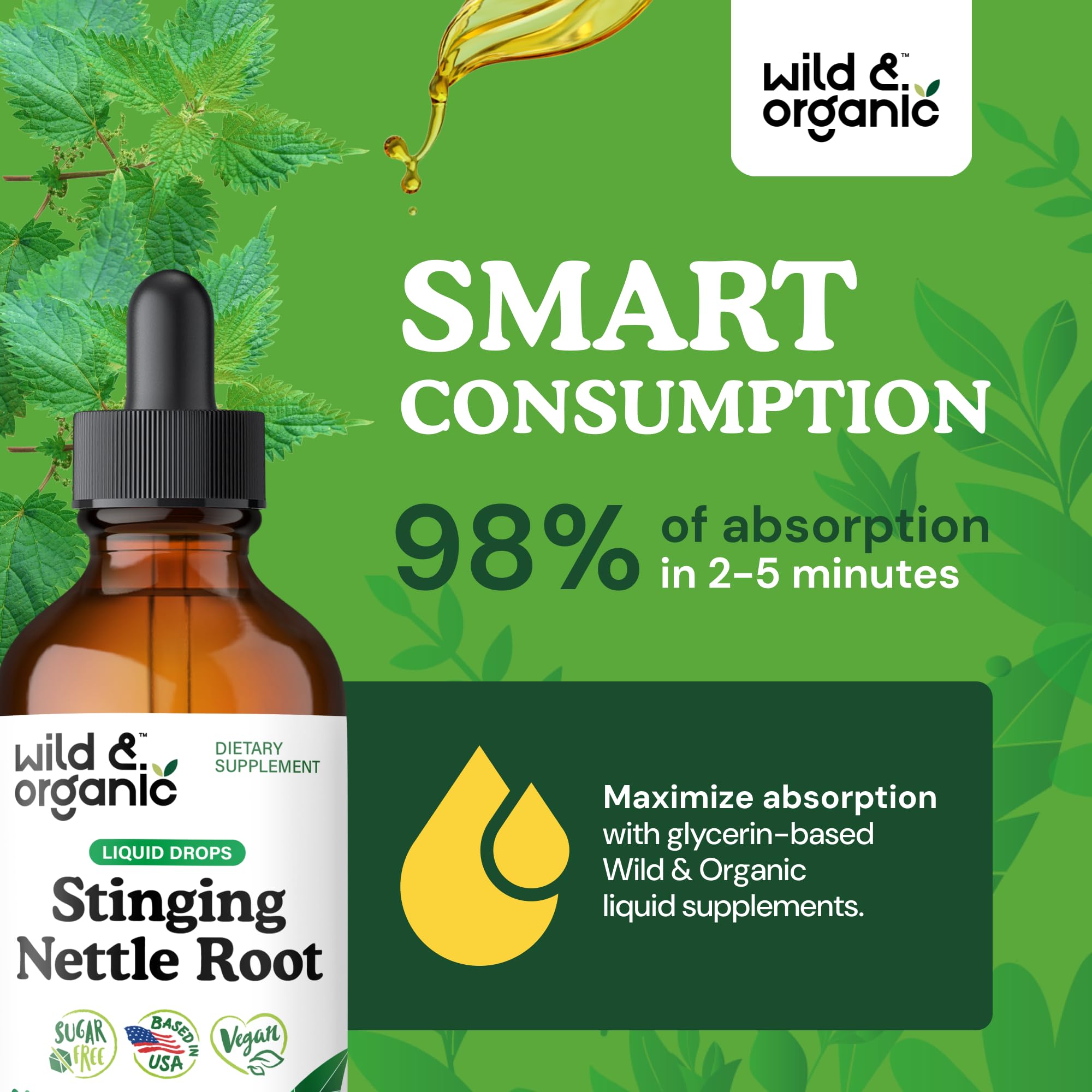 Wild & Organic nettle leaves closeup shows natural herbal ingredients.