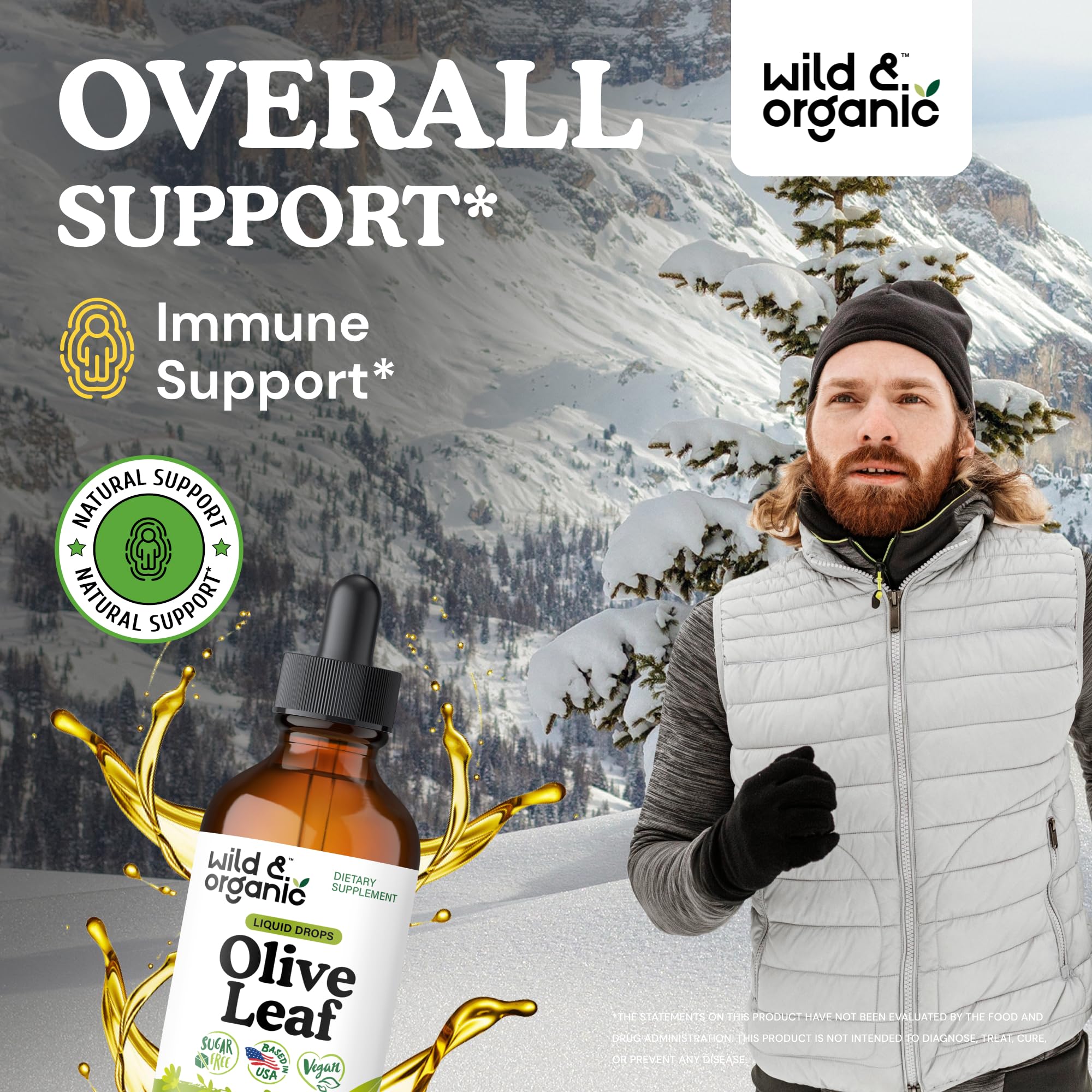 Wild & Organic Olive Leaf Drops bottle back highlights vegan, alcohol-free formula.