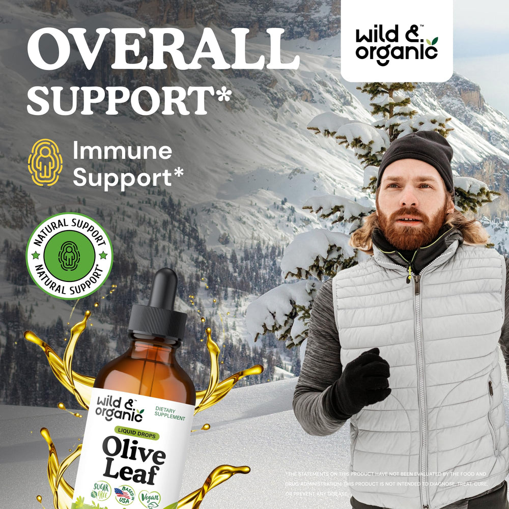Wild & Organic Olive Leaf Drops bottle back highlights vegan, alcohol-free formula.