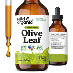 Wild & Organic Olive Leaf Drops bottle front shows clear label for daily support.
