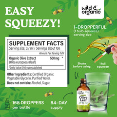 Wild & Organic Olive Leaf Drops dropper close-up for convenient dosage.