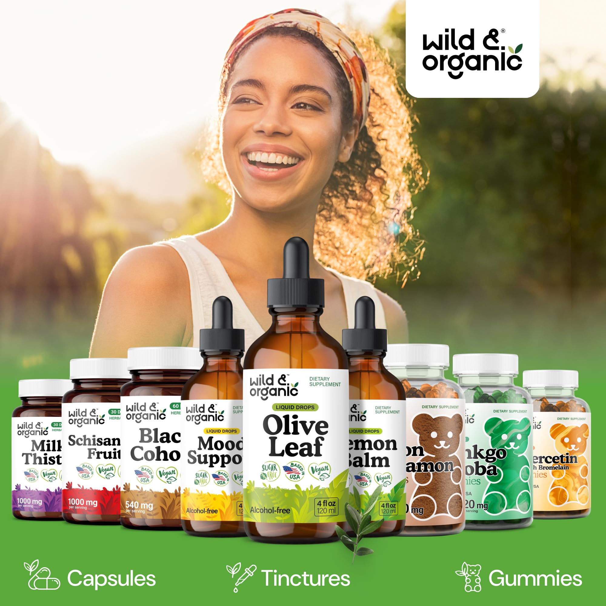 Wild & Organic Olive Leaf Drops label close-up emphasizes vegan and sugar-free features.