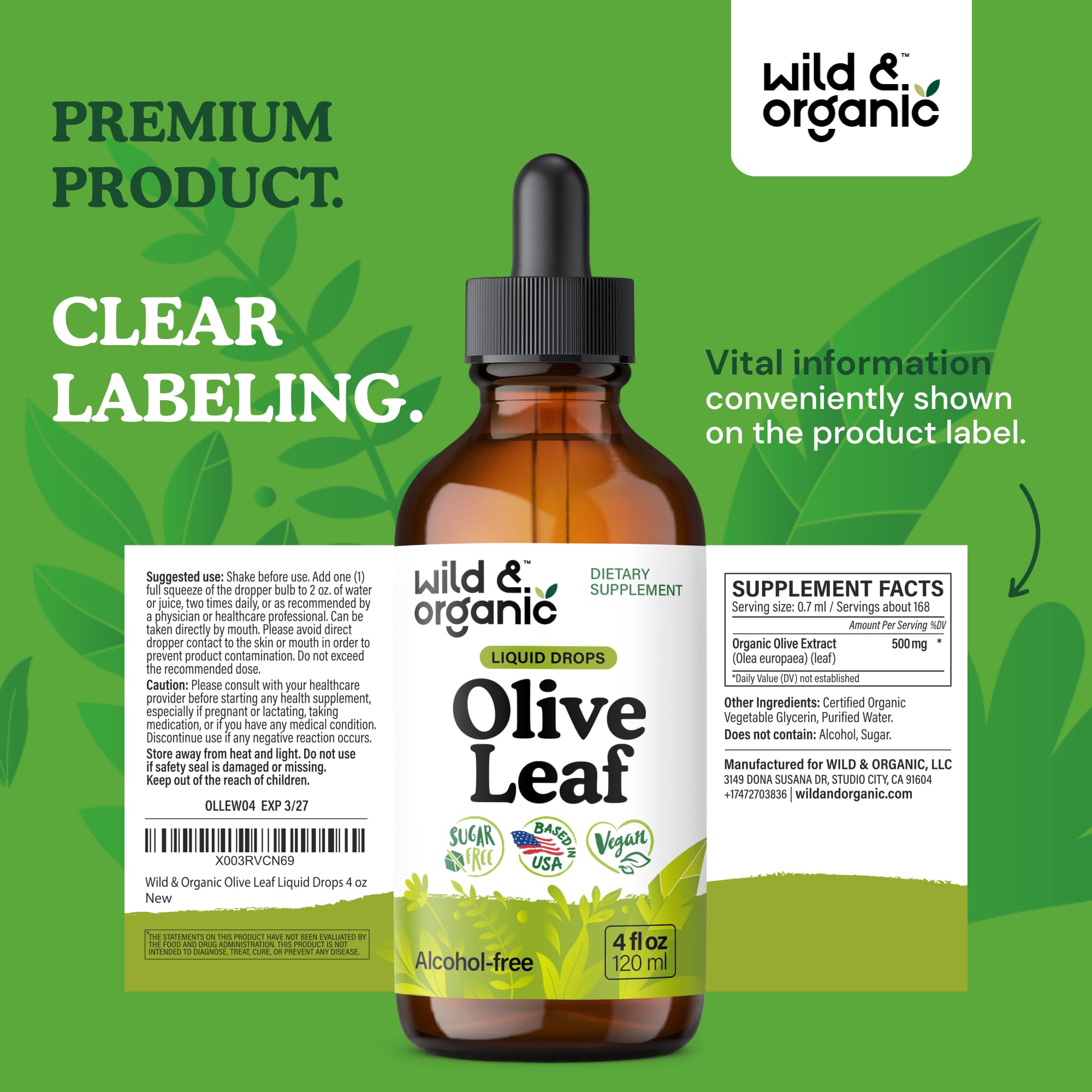 Wild & Organic Olive Leaf Drops bottle shown alongside two servings for reference.