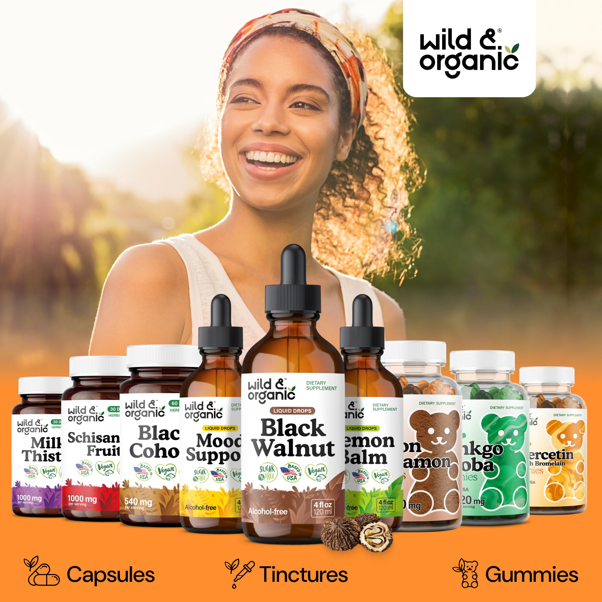 Wild & Organic Black Walnut Tincture eco packaging shows vegan, GMO-free quality.