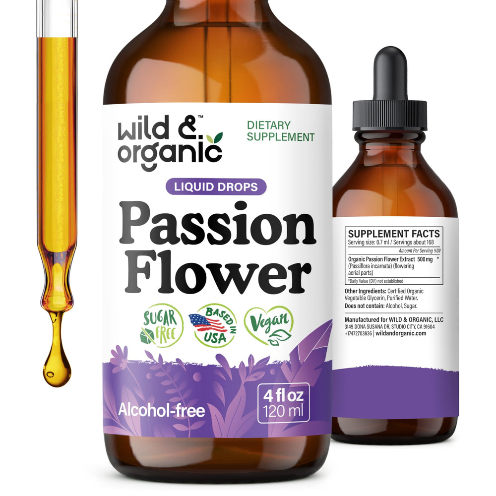 Wild & Organic Passion Flower Tincture bottle on a clean surface for mood support