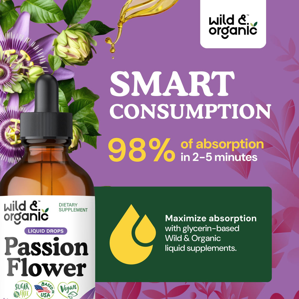 Wild & Organic Passion Flower Tincture close-up shows liquid extract texture