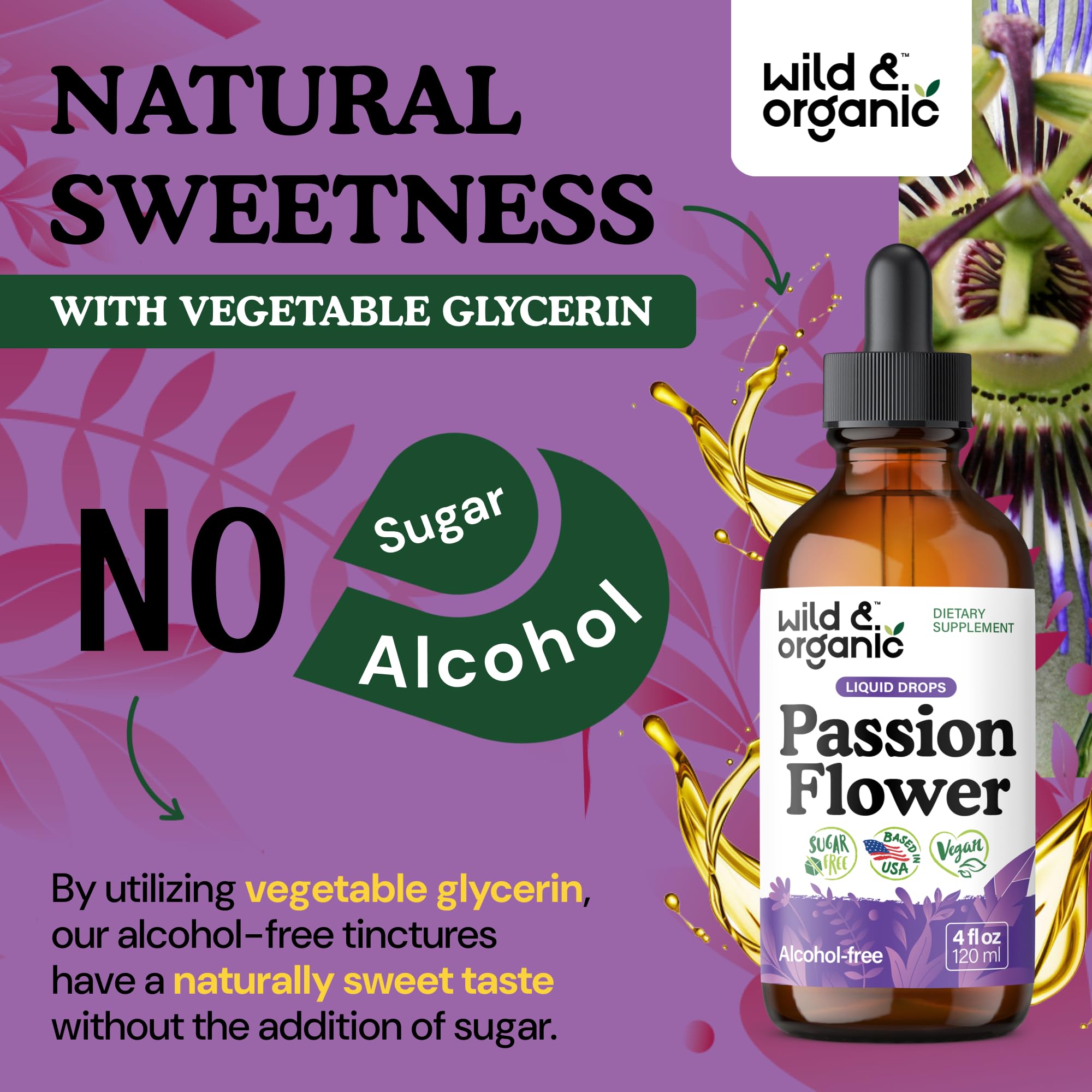 Wild & Organic Passion Flower Tincture with water for easy intake