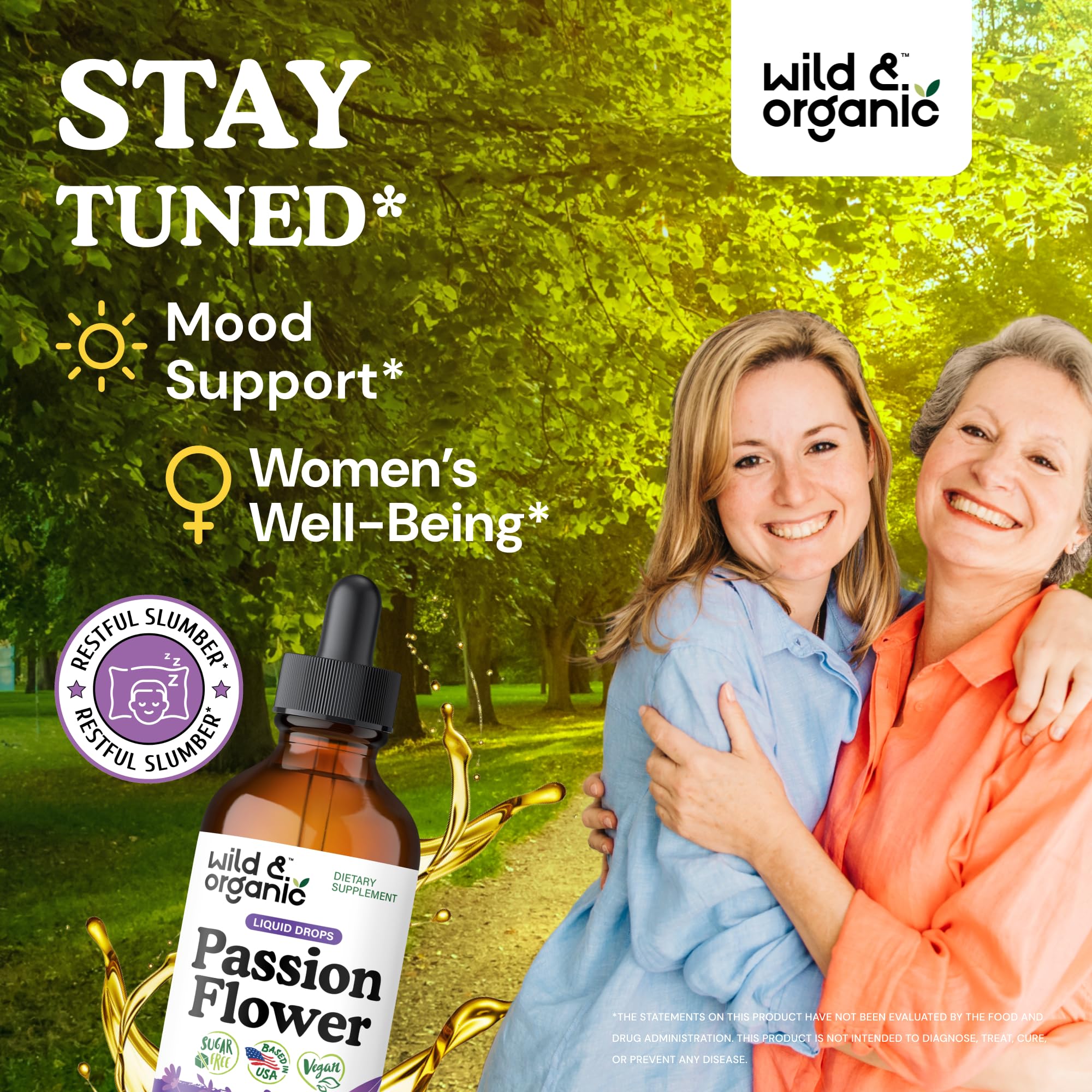 Wild & Organic Passion Flower Tincture label close-up highlighting vegan, alcohol-free formula