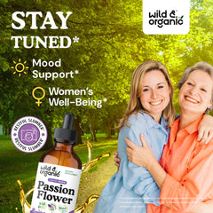 Wild & Organic Passion Flower Tincture label close-up highlighting vegan, alcohol-free formula