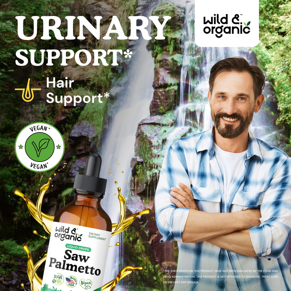 Dropper dispensing Wild & Organic Saw Palmetto drops for convenient daily use