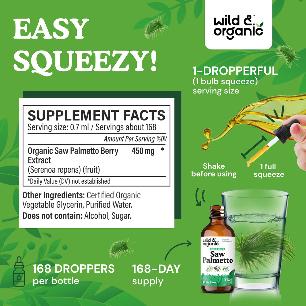 Close-up of Wild & Organic Saw Palmetto label showing vegan, alcohol-free formula