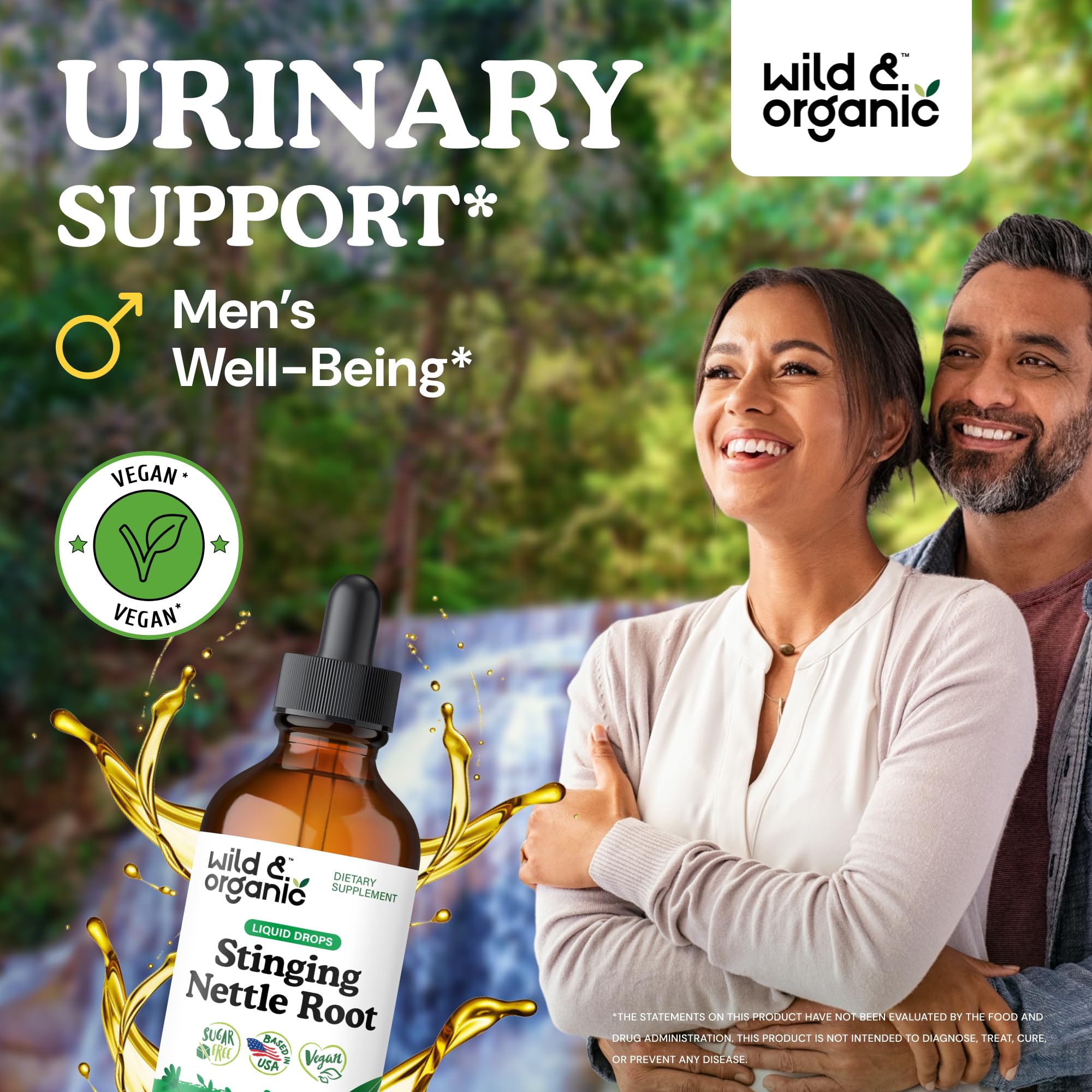 Wild & Organic stinging nettle root drops pour for easy daily dosing.
