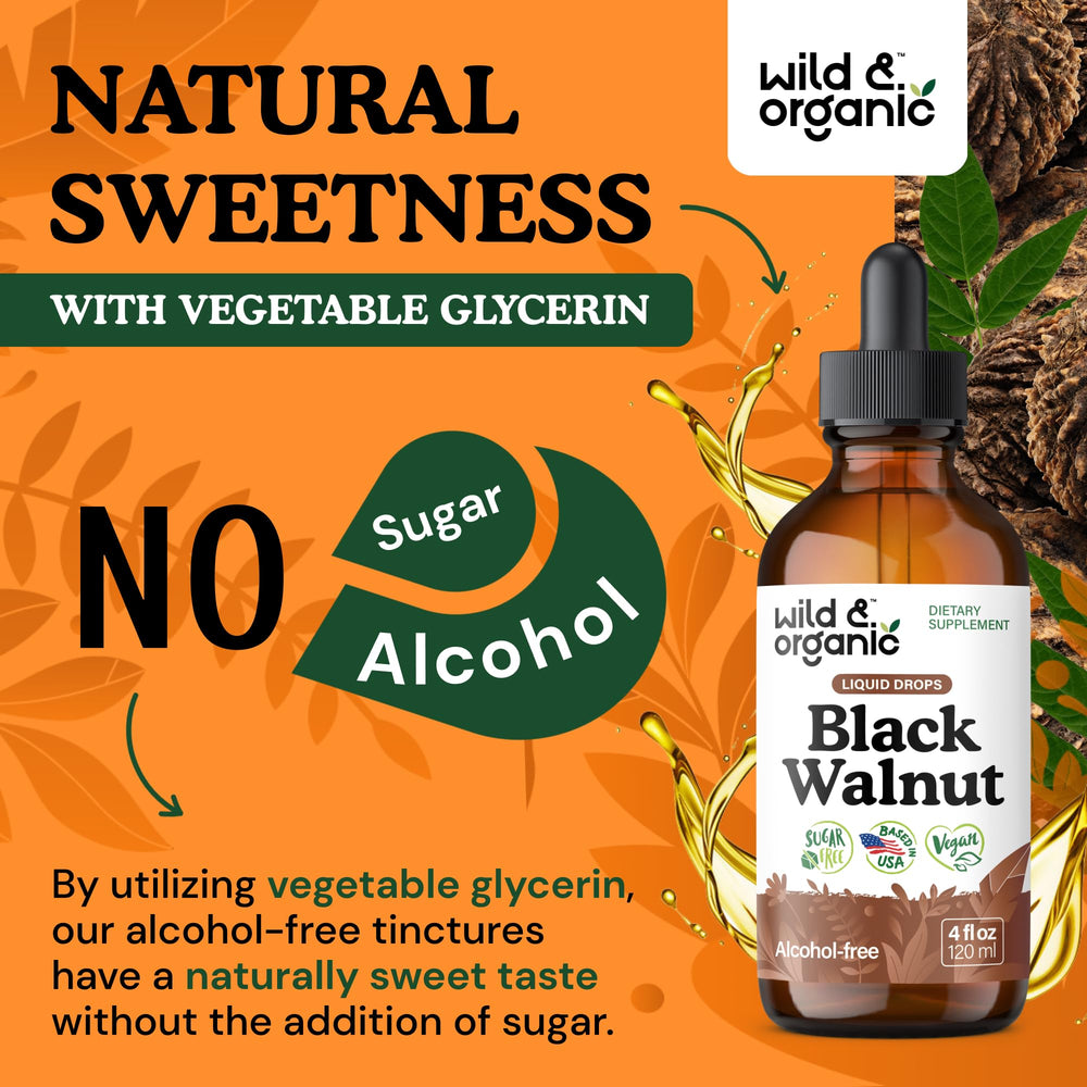 Wild & Organic Black Walnut Tincture bottle label with dosage details.