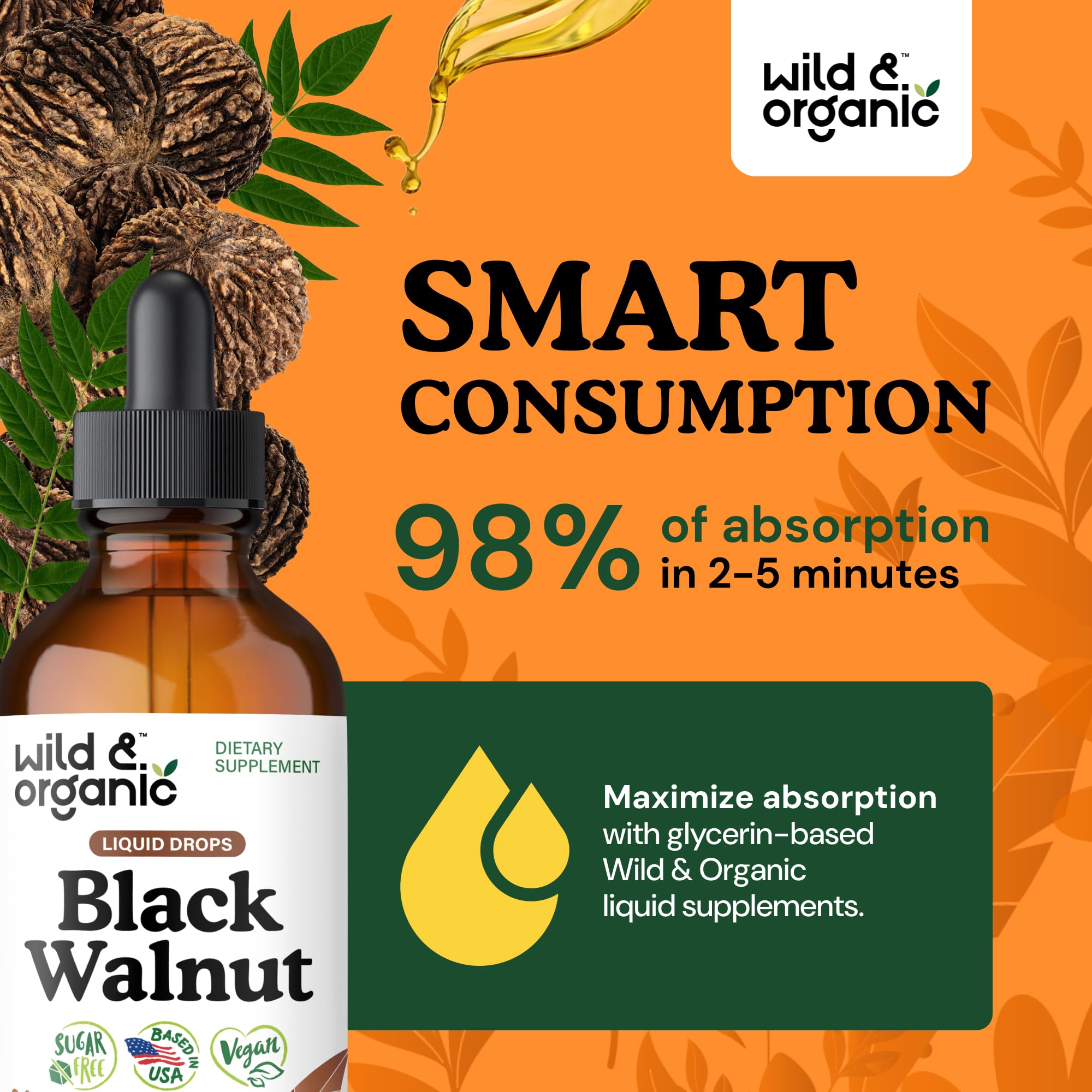 Glycerin-based, alcohol-free formula shown in Wild & Organic Black Walnut Tincture.