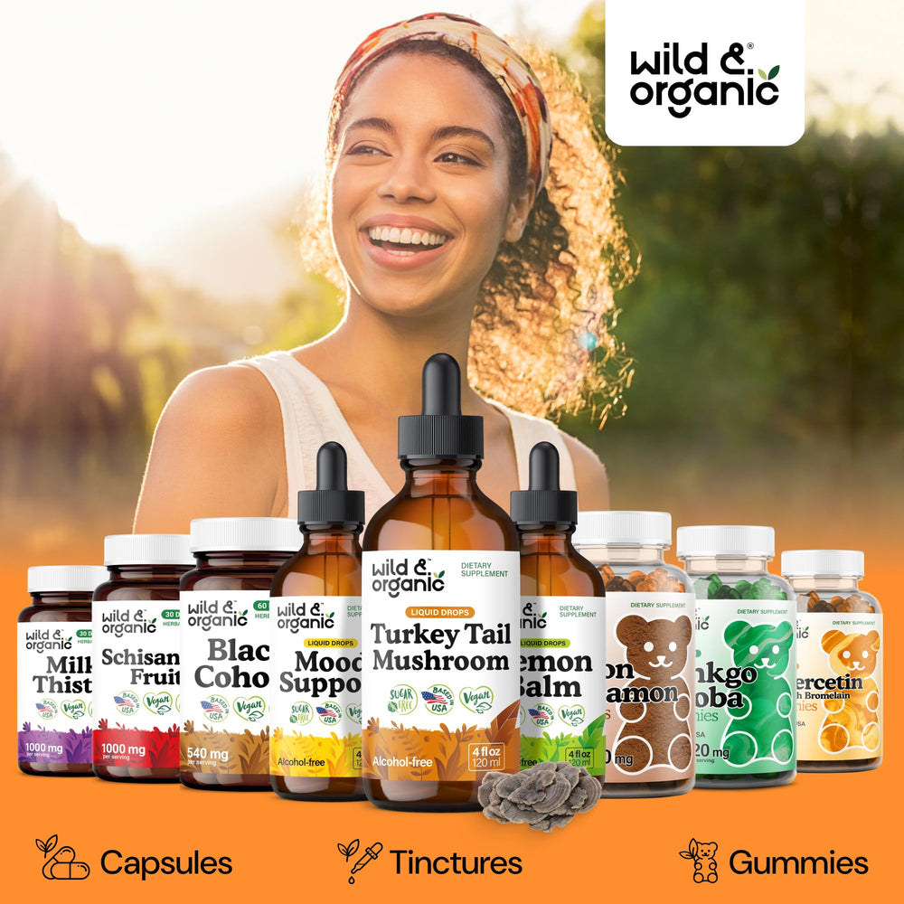 Wild & Organic turkey tail tincture amber bottle protects delicate ingredients.