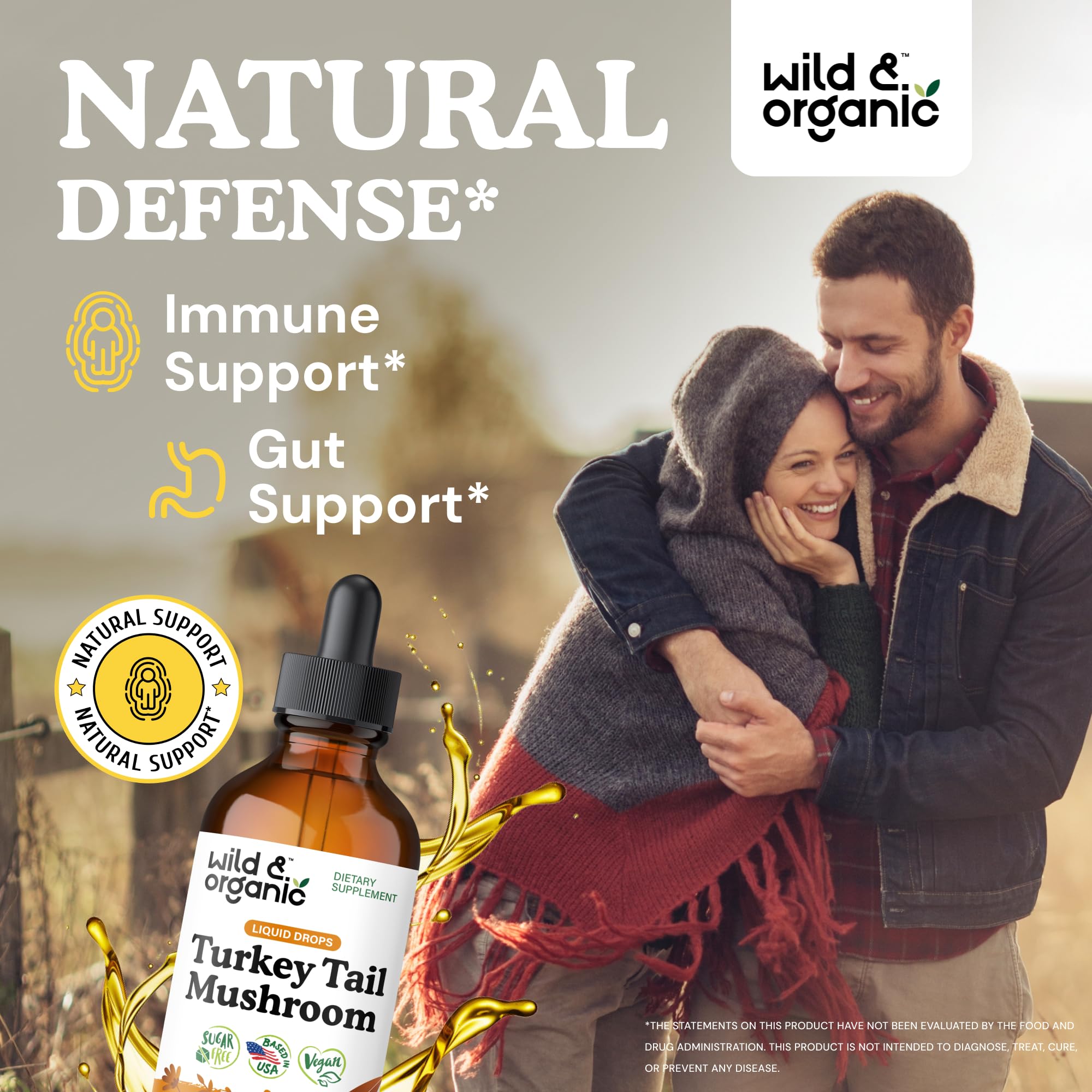 Wild & Organic turkey tail tincture bottle pour for easy daily gut support.