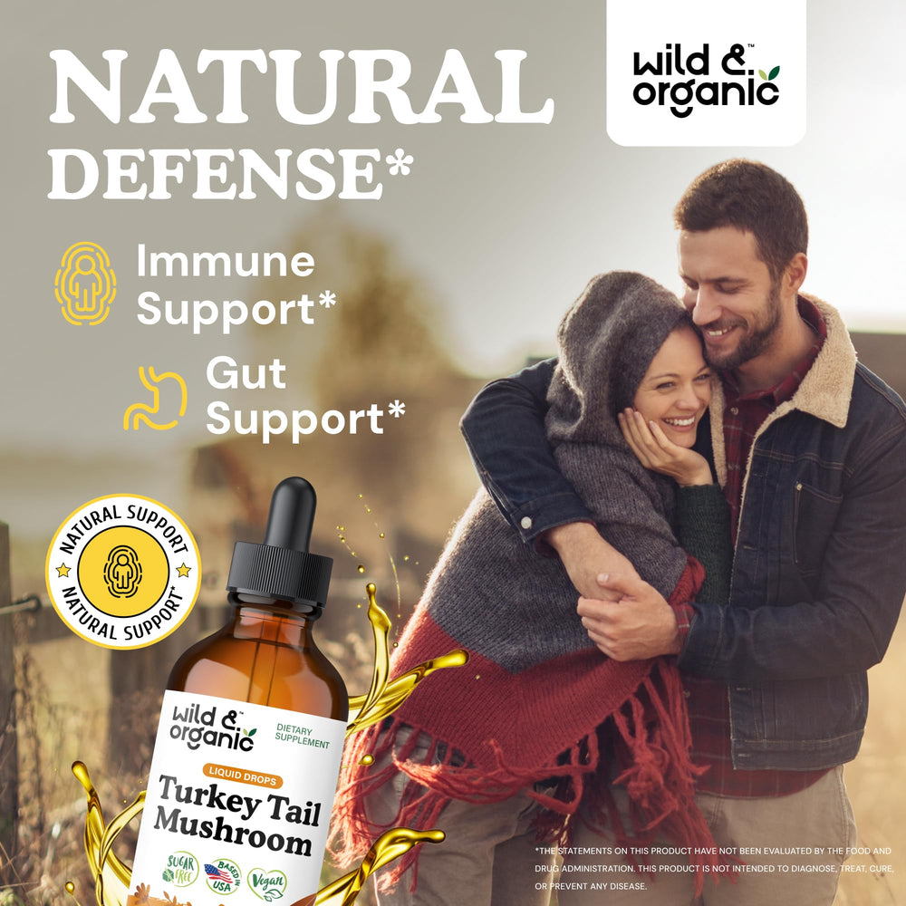 Wild & Organic turkey tail tincture bottle pour for easy daily gut support.