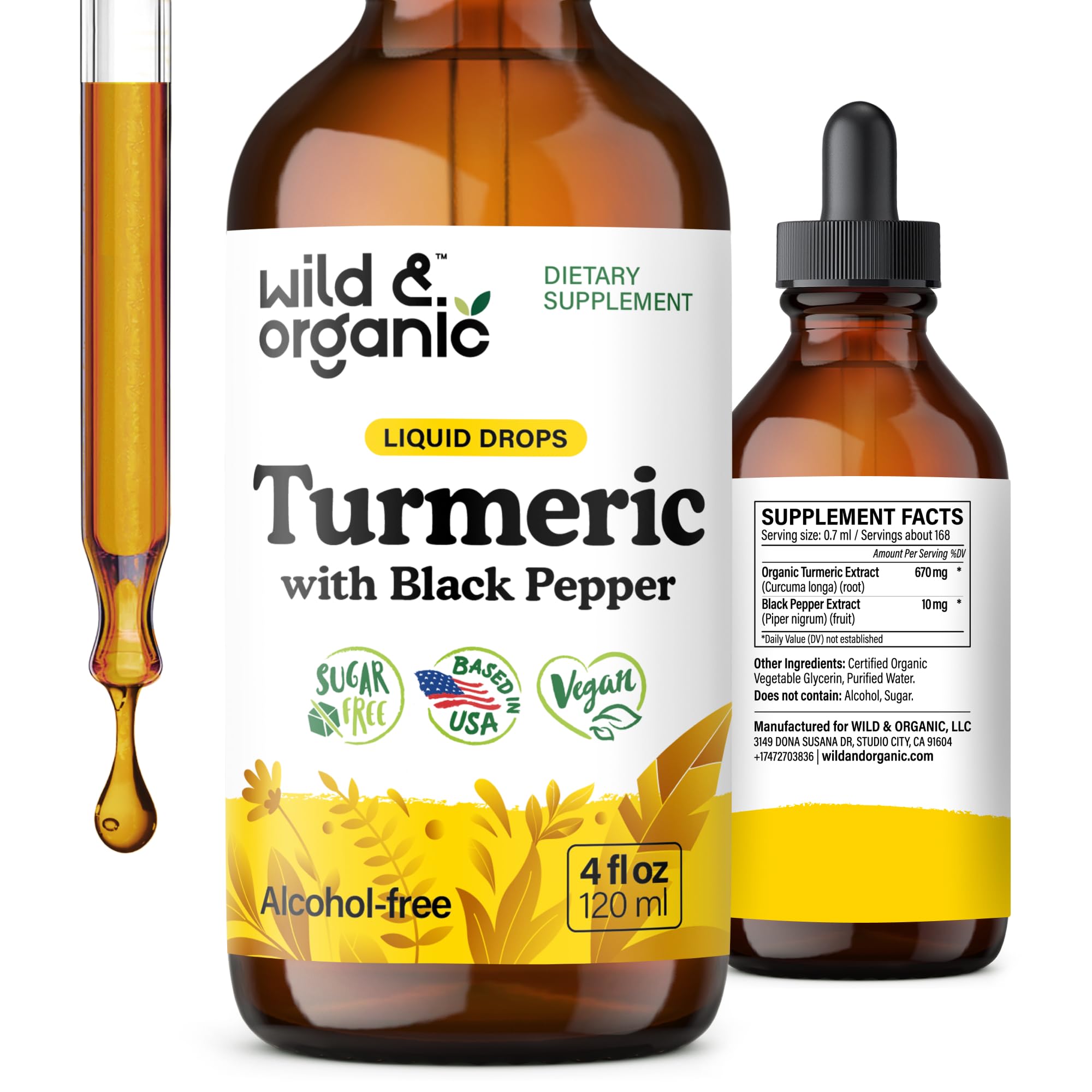 Wild & Organic Turmeric Drops bottle with label for daily wellness routine.
