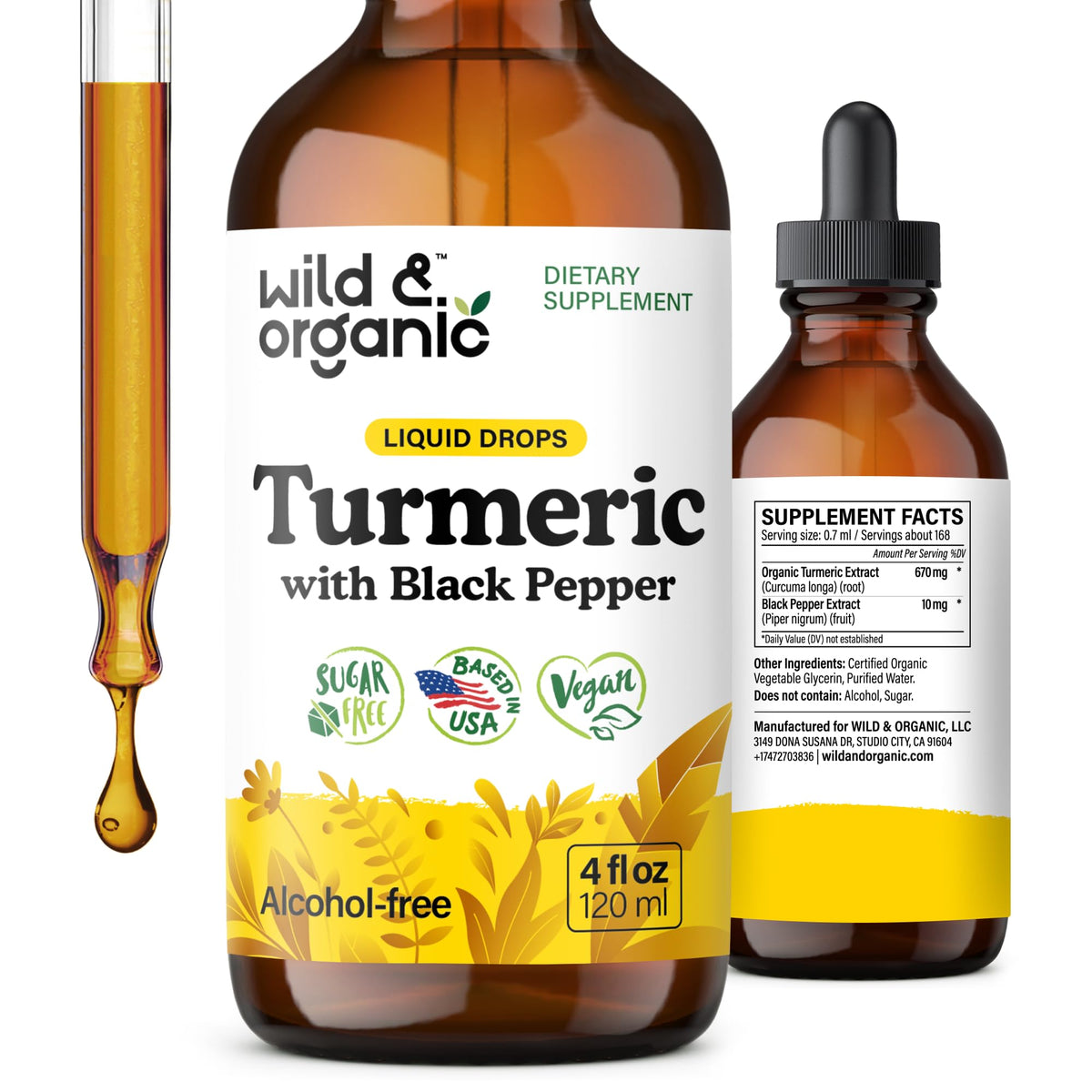 Wild & Organic Turmeric Drops bottle with label for daily wellness routine.
