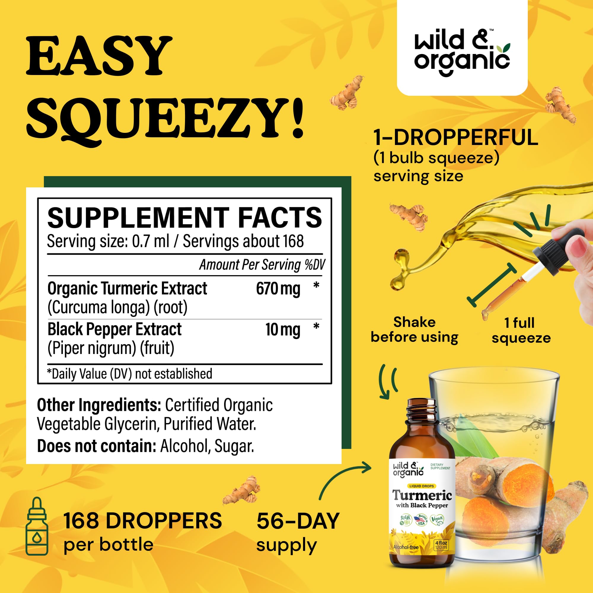 Dropper dispensing Wild & Organic Turmeric Drops into a glass.